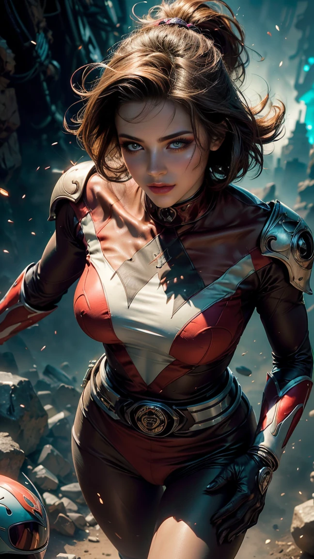 desde arriba, Una imagen Hyperrealista, ((Sexy power ranger, short brown hair, beautiful eyes, pale body, neckline, dynamic view, without helmet, running into the battle with aliens, animal zorg on his back. light energy particles, power ranger sensual suit. zorg at the background, raytraced, viento, paisaje de ciudad futurista, (aesthetics and atmosphere:1.2), poder, ranger, valentia, ojos verdes, medio cuerpo. (foto cruda, mejor calidad), (realista, photo-realista:1.3), Obra maestra, un extremadamente perfecto y hermoso cuerpo, labios sexys rojos, cuerpo palido extremadamente detallado, Best quality score, ultra dynamic view, close up, high view, power rangers atmosphere. brown hair