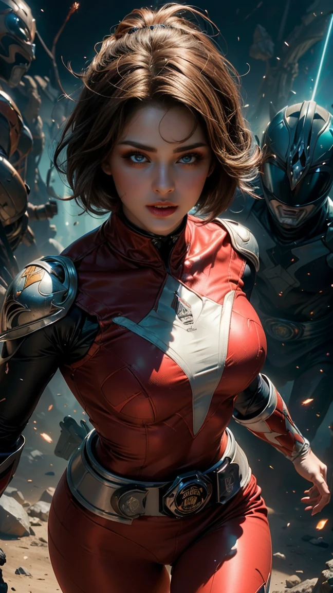 desde arriba, Una imagen Hyperrealista, ((Sexy power ranger, short brown hair, beautiful eyes, pale body, neckline, dynamic view, without helmet, running into the battle with aliens, animal zorg on his back. light energy particles, power ranger sensual suit. zorg at the background, raytraced, viento, paisaje de ciudad futurista, (aesthetics and atmosphere:1.2), poder, ranger, valentia, ojos verdes, medio cuerpo. (foto cruda, mejor calidad), (realista, photo-realista:1.3), Obra maestra, un extremadamente perfecto y hermoso cuerpo, labios sexys rojos, cuerpo palido extremadamente detallado, Best quality score, ultra dynamic view, close up, high view, power rangers atmosphere. brown hair