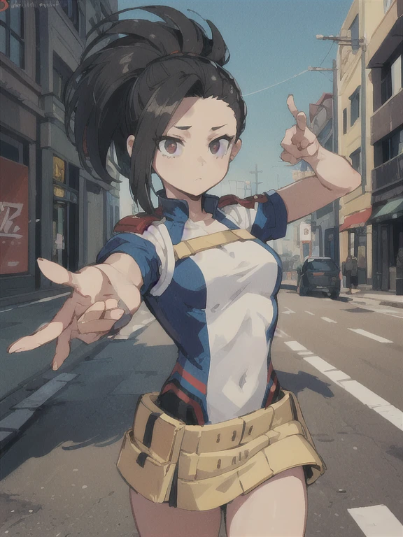 contornos gruesos, historietas, Fotorrealista, 1 chica, solo, tiro de vaquero, dynamic pose, momo mha, yaoyorozu momo, pelo negro, pelo largo, ojos negros , leotardo rojo, belt, cola de caballo alta, Cabello recogido, al aire libre, Urban area, antecedentes detallados, cara detallada, ojos detallados,