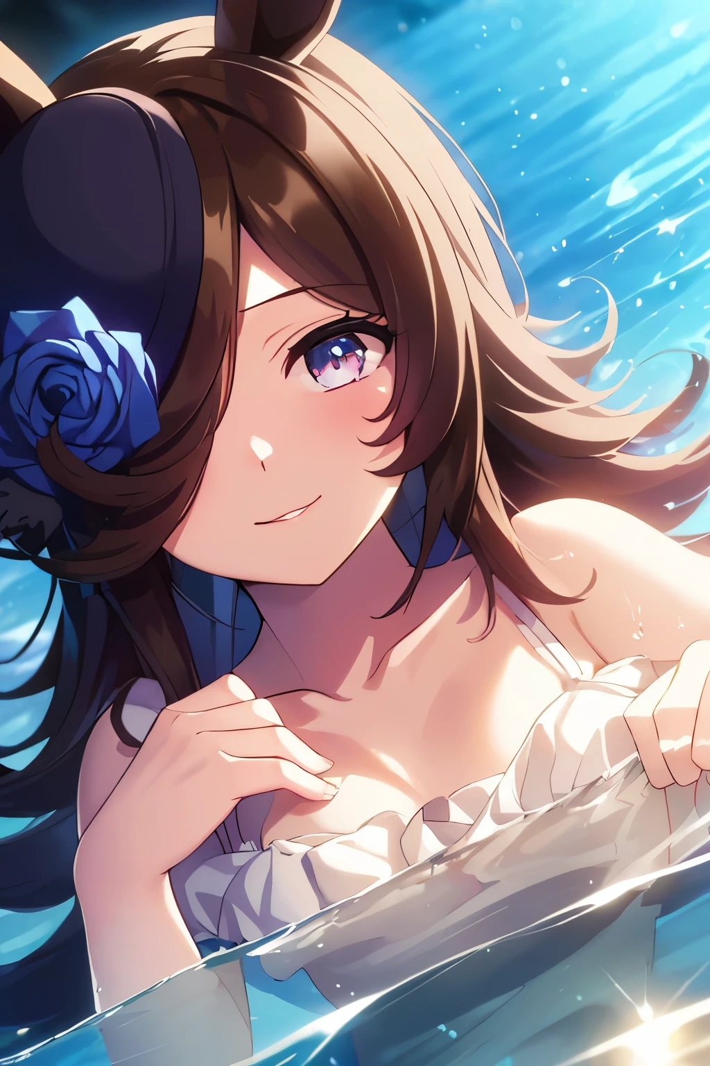 (Tabletop.highest quality).(Dynamic Angle). (CG paintings with attention to detail),(Perfect Image)、Comic Strip.shape.1 girl.Detailed face、Perfect Face.Delicate face、Cute and delicate girl in a white shirt、Rough skin、Black Hair.length、(Umamimi Girl)Umamimi Girl、((Beautiful Blue Eyes)).繊細でBeautiful Eyes、Beautiful Eyes、Reflective eyes、smile.(Looking at the audience:1.3).(Face is a little red:0.8)、8k wallpaper、Cowboy Shot、reflected light、Most detailed、Complex、((Delicate sea background、season summer))、Rough skin、Fine skin、(Super Resolution)、((Cute girl in white shirt))