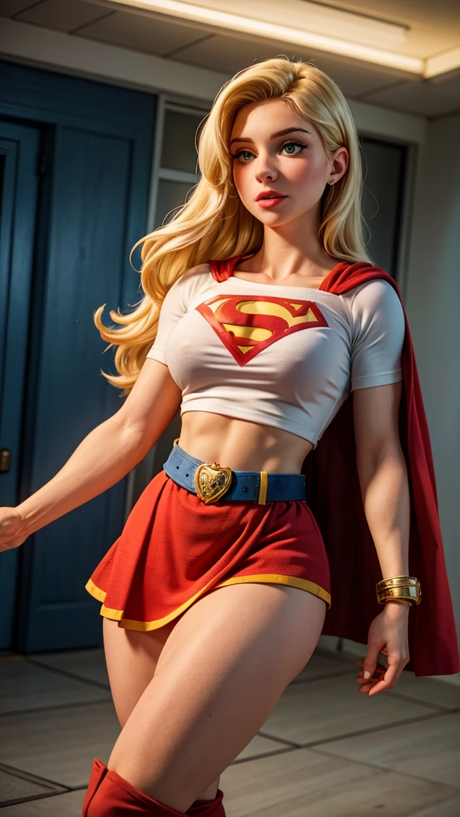 8K, Ultra HD, Super details, high quality, High resolution. The heroine Supergirl looks beautiful in a full-length photo, her body is sculptural, her long wavy blonde hair is radiant in a perfect combination with her white skin, her bright blonde eyes mesmerize everyone. She is wearing her heroine outfit, a red skirt with a yellow belt, a very tight blue t-shirt with a big red S on the chest, Elta also wears a red cape and red boots. she looks very sexy drawing attention to her big breasts and thick legs as she flies through the sky