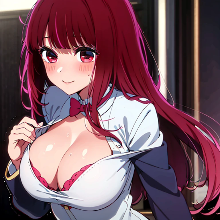 Masterpiece, Best quality, Hard drive, 4k, ultra-high resolution, Extreme detail, super detailed, Beautiful eyes, beautiful hair, Beautiful side, Beautiful skin, Arima Kana, redhead, short hair, red eyes, pupils glow red, big breasts, shiny leather, white shirt unbuttoned, bra drop strap, standing, arms in front, arms outstretched, Ahegao, blush, charming smile, eyes half closed, indoors, close-up, look at viewer 、 a beautiful girl, 1girl, detailed face, beautiful detailed eyes, beautiful detailed lips, extremely detailed eyes and face, longeyelashes, medium shot, full body, blushing, shy expression, erect nipples, clear body lines, long black hair, big breasts, , blazer,, making peace sign with tongue out 、 a beautiful girl, 1girl, detailed face, beautiful detailed eyes, beautiful detailed lips, extremely detailed eyes and face, longeyelashes, medium shot, full body, blushing, shy expression, erect nipples, clear body lines, long black hair, very big breasts, blazer, studio lighting,ultra-fine painting,sharp focus,physically-based rendering,extreme detail description,professional,vivid colors,bokeh,anime, showing cleavage, Naked from the front, Huge butt, expose the whole body, show your whole body ,  Bodysuit, Only one person,  A crying face,  Naked, A big breast, A  overflowing liquid from the breast 