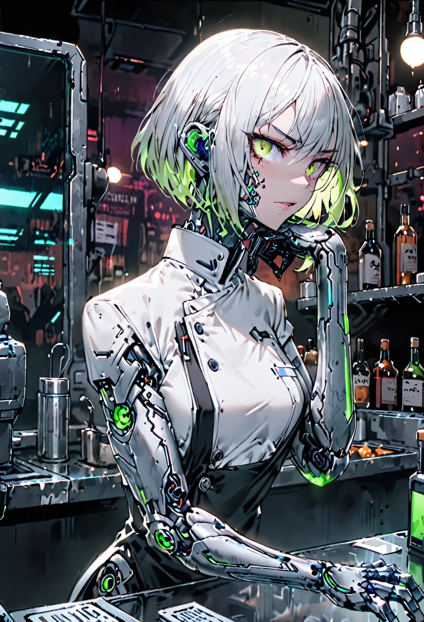 solo, female, sfw, dark, cybernetic arm, gruff, bartender, low lights, short hair