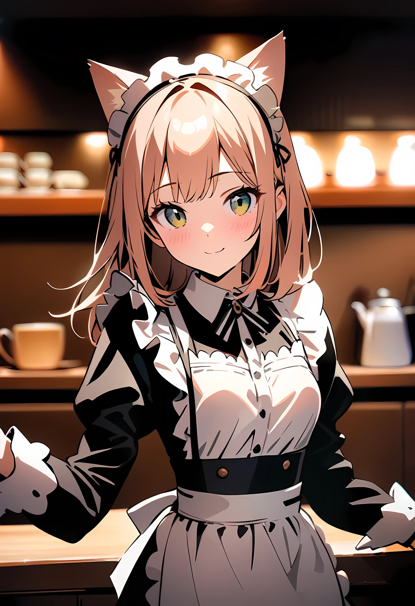 Best Quality, Masterpiece, ,HD Digital Photos, 1 Girl in English Maid Outfit, Cat-Eared Teen Girl, Upper Body, Standing Behind Smiling at the Camera, Cafe Background, Soft Lighting, Warm Color