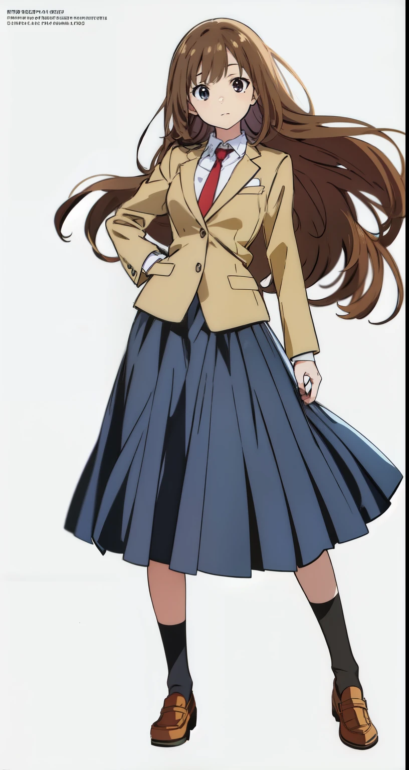 (white background:1.0), (best quality:1.0), (masterpiece:1.0), (super fine illustration:1.0), (beautiful artwork:1.0), (anime screencap:1.0), (official art:1.0), (full body:1.0), (solo:1.0), (HSGα:1.0), (a 18yo cute girl:1.0), (long skirt:1.2), (dark blue skirt:1.0), (pleated skirt:1.0), (school uniform beige blazer:1.0), (red necktie:1.0), (loafers:1.0), (black socks:1.0), (ideal ratio body proportions:1.2), (lanky:1.2), (tall:1.2), (slender:1.2), (small breasts:1.2), (smaller face:1.2), (tareme:1.0), (detailed beautiful eyes:1.0), (detailed beautiful face:1.0), (glowing black eyes:1.0), (long hair:1.0), (brown hair:1.0), (standing:1.0), (looking at viewer:1.0)