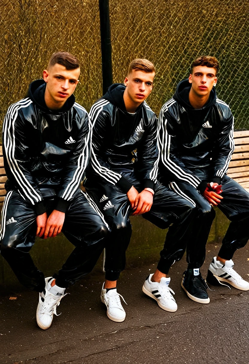 Graffiti urban style, portrait ofgroup of 30 year old scally boys, sitting on a bench with some skateboards on a London street, traffic in the background and people, they has dark brown buzz cut and freckles on his face, muscular and athletic, full red leather cap "adidas" in black shiny latex tracksuit++, ((low angle)), legs apart, dynamic pose, wearing a super inflated huge shiny black puffer jacket "Adidas",Extremely Realistic,depth of field:1.4, bulge, adidas tracksuit, detailed hand+, detailed hands+, perfect hand+, perfect hands+, masterpiece face+, masterpiece hands++, detaled hands, perfect hand, perfect body, perfect bulge, realistic, ultra textured skin, ultra textured cloth+, super ultra textured materials+, atmospheric haze, Film grain, cinematic film still, highly detailed, high budget, cinemascope, moody, epic, OverallDetail, gorgeous, RAW photo, photorealistic, candid camera, color graded cinematic, eye catchlights, atmospheric lighting, skin pores, imperfections, natural, shallow dof, (fashion photography lighting, soft tones:1.5), wide range of colors, (Dramatic, Dynamic, Cinematic, fashion theme, volumetric low lighting:1.2), sharp details, analog film photo, vivid (Insane quality, Insane resolution, Insane details, Masterpiece, 32k resolution), (sunny, cinematic effect, stunning scenes:1.4), Movie Aesthetic, Fine art photography style,perfecteyes
