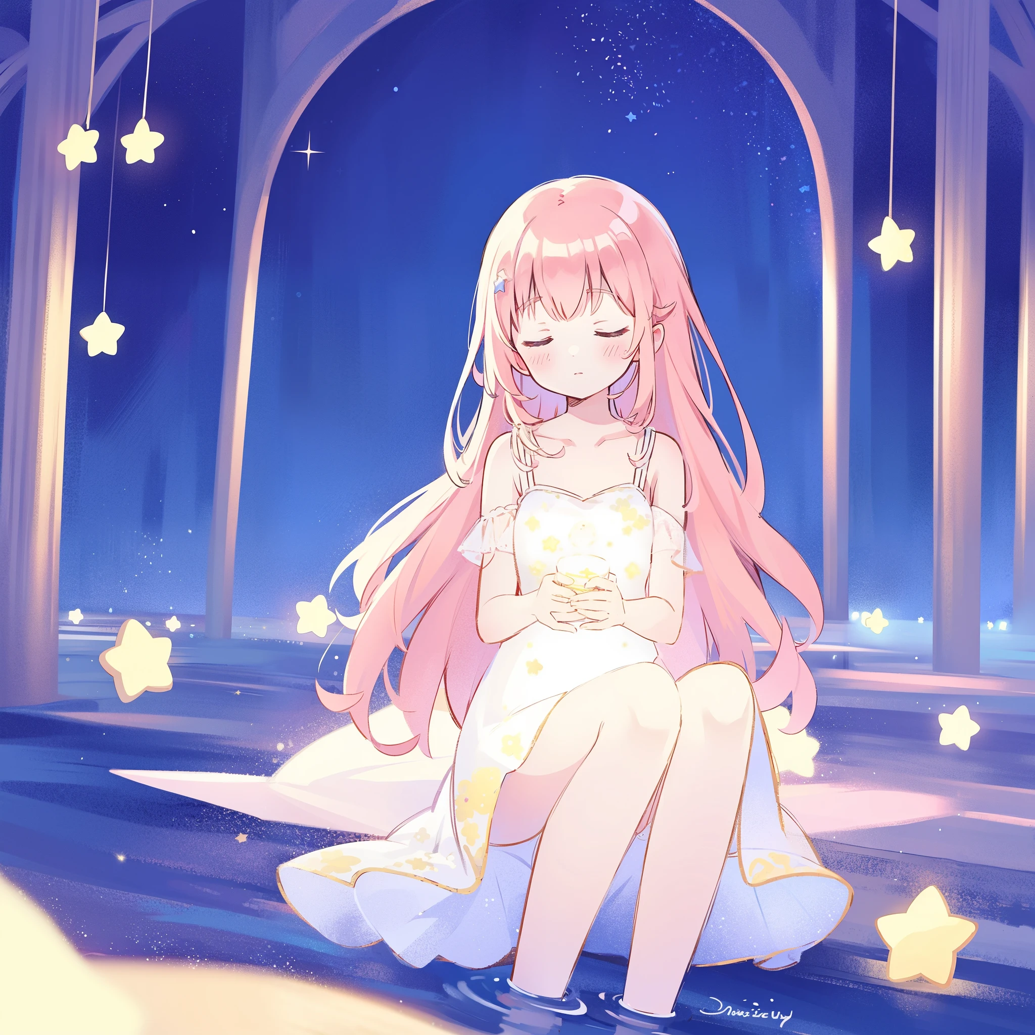 complex background, wishing star background, a woman wearing an ethereal mystical pink translucent dress that reflects the stars, dreamy, peaceful, serene composition, glowing stars, glowing, mystic, complex drawing, highly detailed, ethereal, starry night, midjourney style