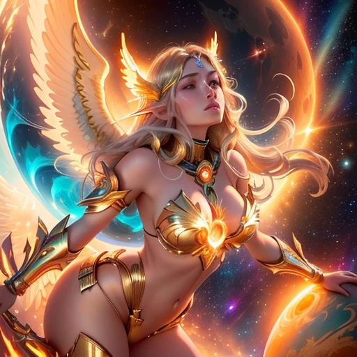 a woman in a bikini top and angel wings in front of a planet, elven angel meditating in space, with fiery golden wings, gold wings, golden wings, celestial goddess, cosmic goddess, cyborg goddess in cosmos, as a mystical valkyrie, beautiful cyborg angel girl, cinematic goddess body shot, karol bak uhd, goddess of space and time