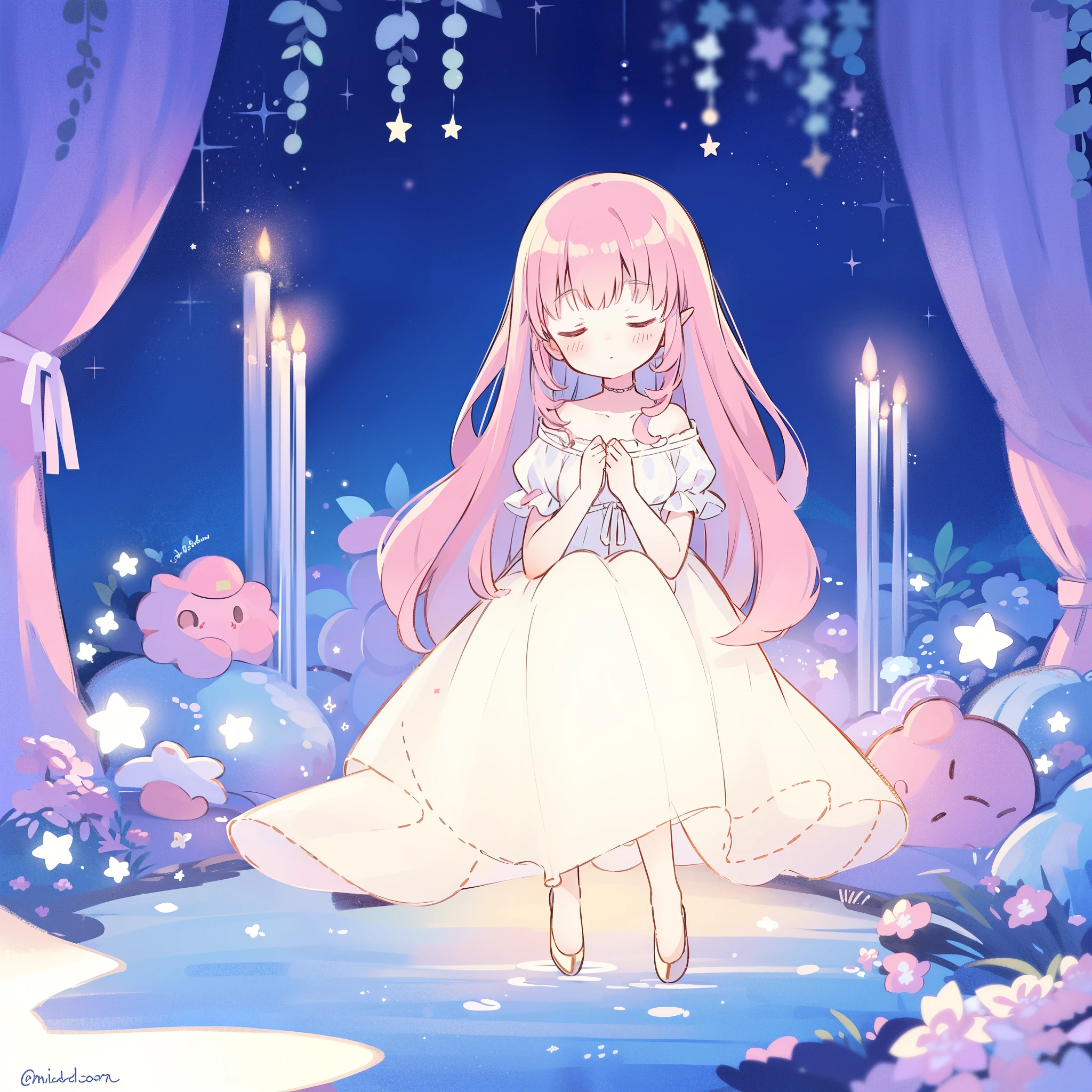 complex background, wishing star magical garden, a woman wearing an ethereal mystical pink translucent dress that reflects the stars, dreamy, peaceful, serene composition, glowing stars, glowing, mystic, complex drawing, highly detailed, ethereal, starry night, midjourney style