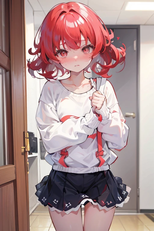 red hair, bangs, curly hair, short hair, sidelocks, empty eyes, embarrassed, flustered, scared, high quality, high details