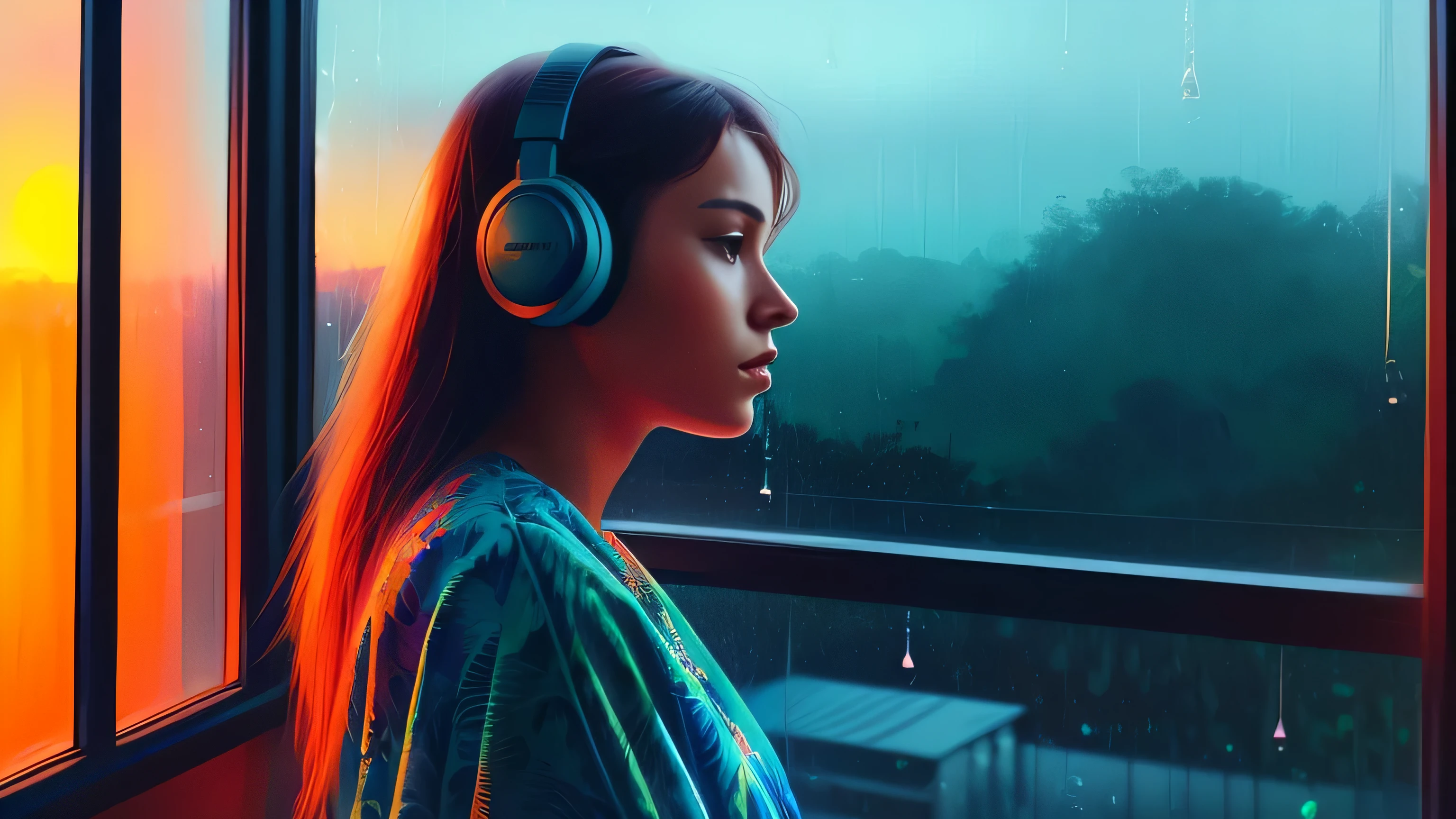 a woman sitting in front of a window, looking out window, wearing a colourful dress, junglescape background, wearing headphones, a digital painting inspired by Alena Aenami, pixiv, realism, rainy night. digital illustration, blurred and dreamy illustration, blues, blurry and dreamy illustration, artistic. lo-fi illustration style, sunset, raining