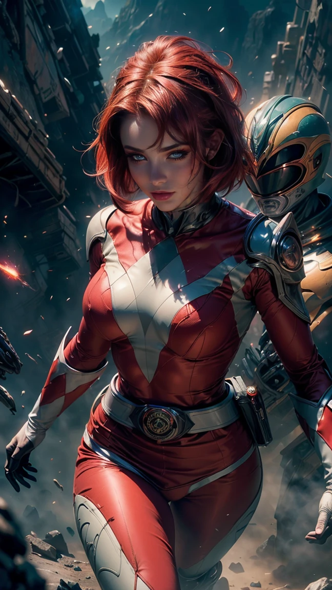 desde arriba, Una imagen Hyperrealista, ((Sexy power ranger, short red hair, beautiful eyes, pale body, slender, neckline, dynamic view, without helmet, running into the battle with aliens, animal zorg on his back. light energy particles, power ranger sensual suit. mecha at the background, raytraced, viento, paisaje de ciudad futurista, (aesthetics and atmosphere:1.2), poder, ranger, valentia, ojos verdes, medio cuerpo. (foto cruda, mejor calidad), (realista, photo-realista:1.3), Obra maestra, un extremadamente perfecto y hermoso cuerpo, labios sexys rojos, cuerpo palido extremadamente detallado, Best quality score, ultra dynamic view, close up, high view, power rangers atmosphere. red hair