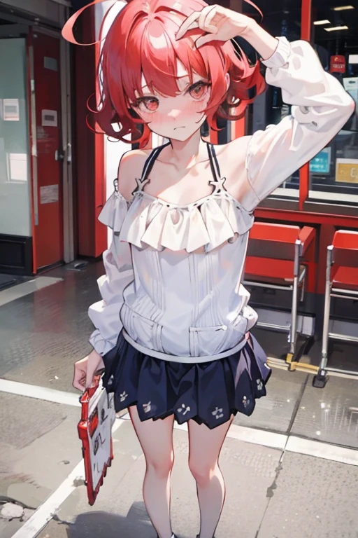 red hair, bangs, curly hair, short hair, sidelocks, empty eyes, embarrassed, flustered, scared, high quality, high details, full body, 18 years old