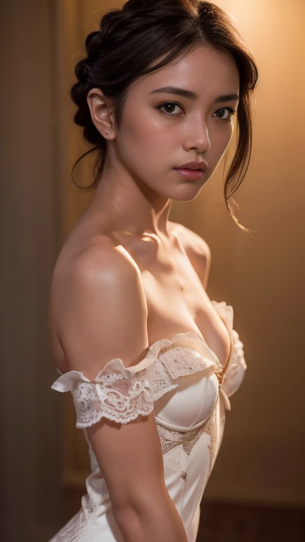 best quality, masterpiece, (photorealistic:1.4), 1girl, cowboy shot, luxury elegant bare shoulder  dress, dramatic lighting, hair over shoulders, white gloves, v arms, luxury hall background, night, japanese face, braid hair, small breasts