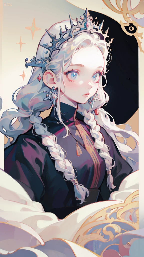 Woman with white long hair, natural white hair, albino woman, wavy hair,braided hair, detailed hairstyle, medieval hairstyle, detailed hairstyle,hair accessories, long hair, complicated hairstyle, front view, medieval woman, game of thrones style, queen, dragon queen,a lot of hair accessories,hd masterpiece, best quality, looking majestic,a painting of a woman with a crown on her head, hyperrealistic fantasy art, beautiful character painting, fantasy portrait art, realistic renaissance portrait, beautiful fantasy art portrait, portrait painting of a princess, realistic fantasy painting, fantasy art portrait, renaissance digital painting, gorgeous digital painting, realistic fantasy artwork, epic fantasy art portrait, detailed matte fantasy portrait, princess portrait