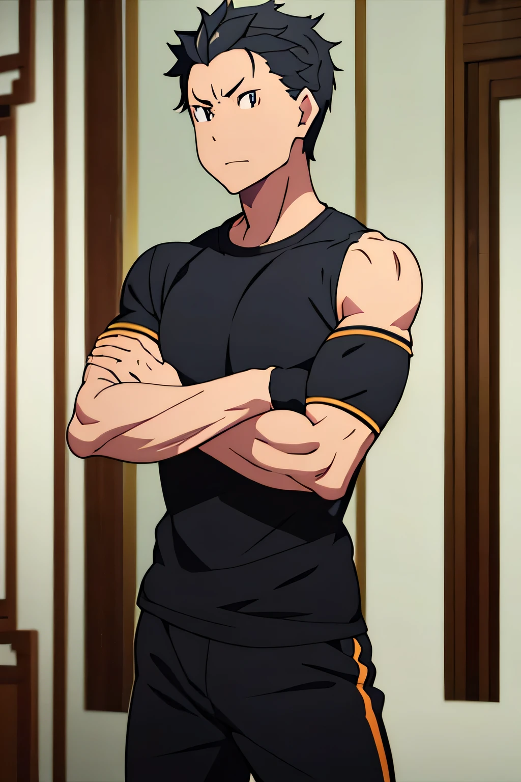 Subaru is flexing his biceps. He wears black shorts. You can see his thighs. He looks stoic and serious. He has bulging veins on his arms. He wears a black tshirt with short sleeves. His sleeve is completely rolled up so you can see his entire arm and shoulder. He is showing his abs too.