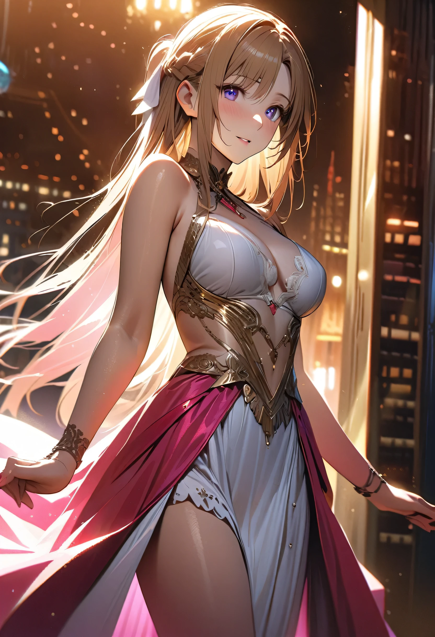 Fujifilm XT3, soft lighting, 8k resolution, depth of field, lens flare, ((best quality)), (((intricate details))), highly detailed, (((cinematic effect))),detailed eyes,masterpiece,ultra-detailed,realistic、 (8k、Best image quality、Ultra-high resolution、Award-winning works)、(Accurate anatomy:1.1),skin with Ultra-high resolution、The most detailed face、Ultra-high resolution detailed face,Beautiful face drawn in every detail、An enchanting image of Asuna from SAO, the game's enigmatic protagonist, as she gracefully strolls onto the stage of a vibrant, enchanting night club in the heart of the heart of Paris. She wears an elegant, flowing dress that highlights her slender frame and evokes a sense of energy and romance. The vibrant, architectural setting provides a striking backdrop for Asuna as she confidently exudes confidence and power. In the foreground, the ethereal, intricate details of the cityscape blend seamlessly with the enchanting image. wide aperture, soft lighting, high contrast