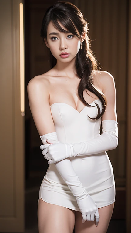 best quality, masterpiece, (photorealistic:1.4), 1girl, cowboy shot, luxury elegant bare shoulder dress, dramatic lighting, hair over shoulders, white gloves, v arms, luxury hall background, night, japanese face, braid hair, small breasts