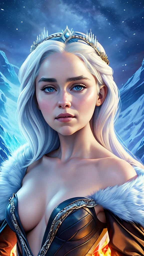 A woman in a silver dress stands in front of a fire, Daenerys, daenerys targaryen, Cinematic shot of the goddess's body, From the thrones, fantasy photoshoot, Cinematic Goddess Shot, Game of Thrones style, CGsociety inspired, Cinematic goddess close-up, queen of winter, ice queen, ice queen, Dragon Queen, inspired by Magali Villeneuve