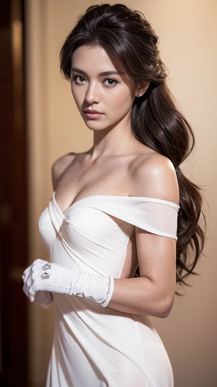 best quality, masterpiece, (photorealistic:1.4), 1girl, cowboy shot, luxury elegant bare shoulder  dress, dramatic lighting, hair over shoulders, white gloves, v arms, luxury hall background, night, japanese face, braid hair, small breasts