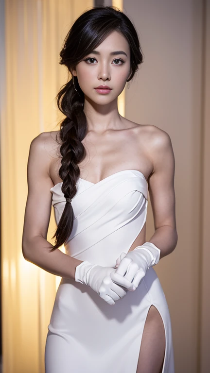 best quality, masterpiece, (photorealistic:1.4), 1girl, cowboy shot, luxury elegant bare shoulder  dress, dramatic lighting, hair over shoulders, white gloves, v arms, luxury hall background, night, japanese face, braid hair, small breasts