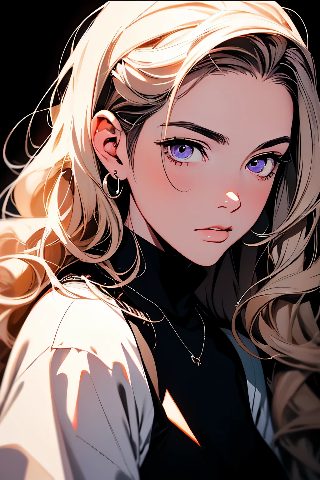 2d illustration, anime, a painting portrait in fine arts, in manhwa style, Bishamon from noragami, 1girl, blond hair, ((long hair)), big hair, ((curly hair)), {{purple eyes}}, makeup, beautiful, high definition, masterpiece, best quality, high detail, high detailed eyes, grain filter, Detailed lips, high resolution, ultra-detalhado, retrato, mulher caucasiana, realista proportions, Anatomicamente preciso, bochechas rosadas; dark lighting, alta qualidade, premiado, high resolution, 8k,, summer, lascivo, film grain, Ilford HP5, 80mm, strong woman, confident, black clothes, (Obra de arte:1.2), melhor qualidade, pixiv, Garota legal, glorioso, cabelo loiro, rua, Short curto, peito grande, shiny earnings, lots of piercings in her ears, rindo, divertida,
