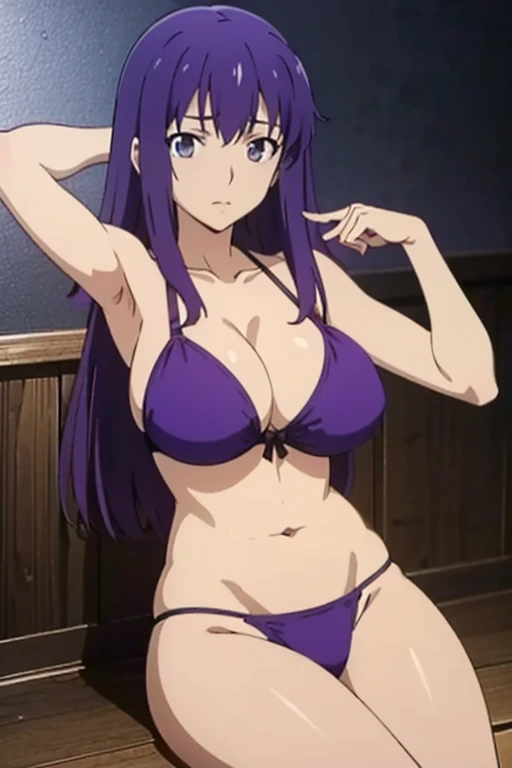 (masutepiece, Best Quality, High resolution:1.5, anime colours, megami magazine:1.2, anime poster style, anime keyvisual, sharp, 8k, photorealistic), (arms at sides), (beautiful eyes:1.5, beautiful face), matou_sakura_fatestaynightufotable
anime_style, 1girl, solo, Cute, hair red ribbon, (Long Hair), (sagging huge breasts), (purple bikini), cleavage, (cowboy shot, sitting), (Perfect detailed Anatomy, beautiful detailed hair, perfect detailed body:1.2, shiny skin), (thick outline, Beautiful outlines, black outlines), simple background,