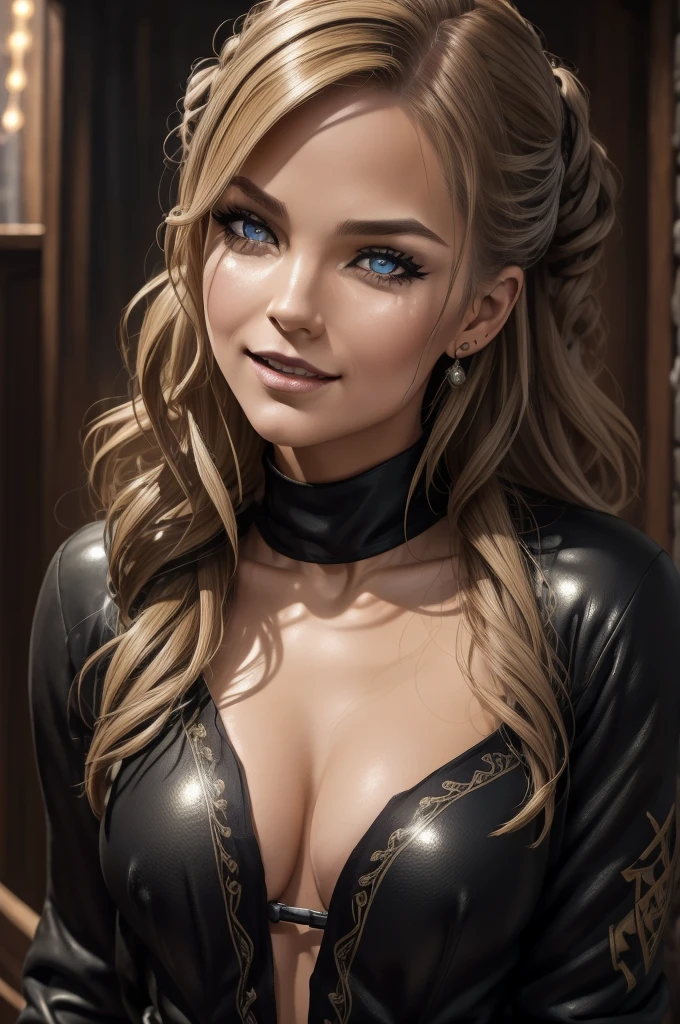 highly detailed RAW color photo, 25 ans, dans une tenue de guerrière viking avec des peaux de bête et du fer, sexy, viking tattoo, pose sexy et dynamique, Elle a un sourire de dessin animé, tanned skin and rosy cheeks, cheveux blond, very very curly cheveux blond, dans une taverne viking, irisation/opalescence, paillettes, highly detailed photorealistic, 16k - style expressif - -niji 5 (matrice) amazing and realistic shadows, ( very detailed background plan: 1.2), photo artistique du plus beau jour
