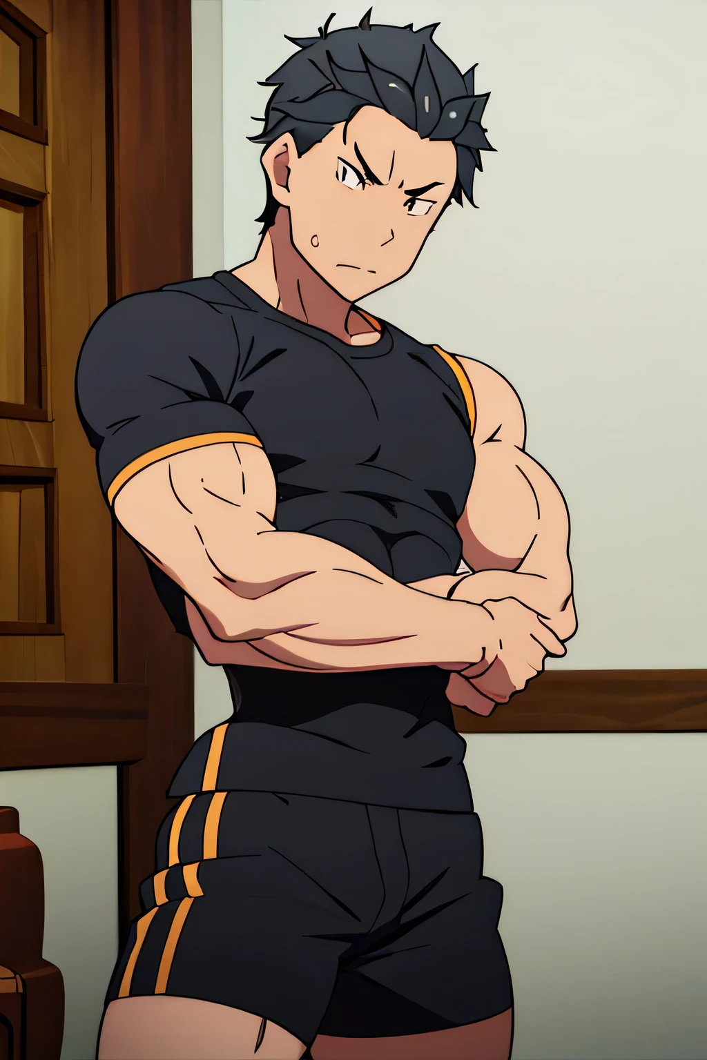 Subaru is flexing his biceps. He wears black shorts. You can see his thighs. He looks stoic and serious. He has bulging veins on his arms. He wears a black tshirt with short sleeves. His sleeve is completely rolled up so you can see his entire arm and shoulder. He is showing his abs too.
