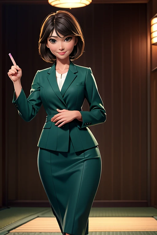 woman、Japanese、35歳のwoman教師、Cowboy Shot、slim、Beauty、Well-groomed face、Green business suit with knee-length pencil skirt、Walk towards the viewer、Watching the audience。Right hand outstretched、smile、Anatomically correct body