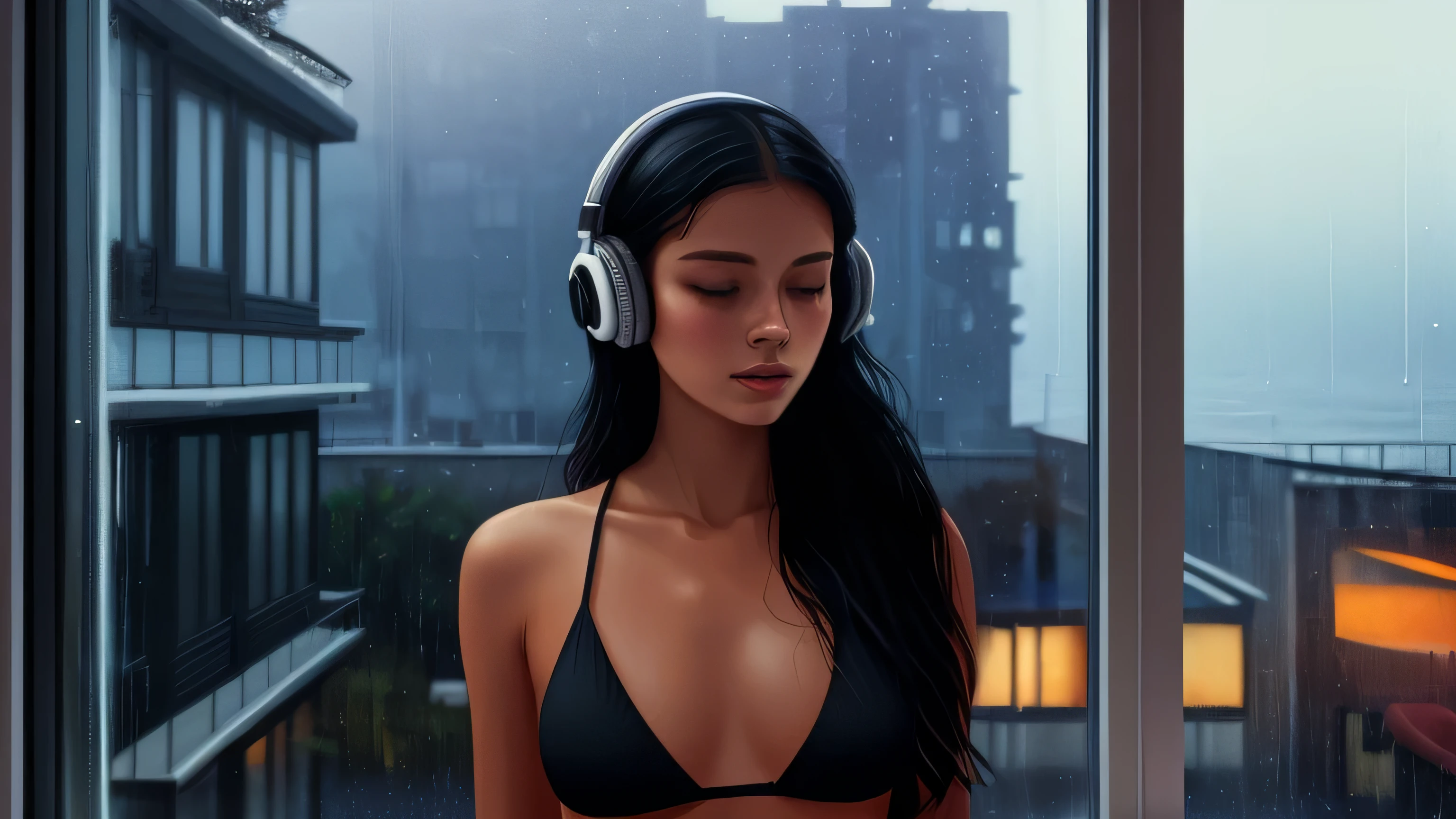 a woman standing in front of a window, looking out window, wearing a black bikini, seaside background, wearing headphones, a digital painting inspired by Alena Aenami, pixiv, realism, rainy night. digital illustration, blurred and dreamy illustration, blues, blurry and dreamy illustration, artistic. lo-fi illustration style, sun