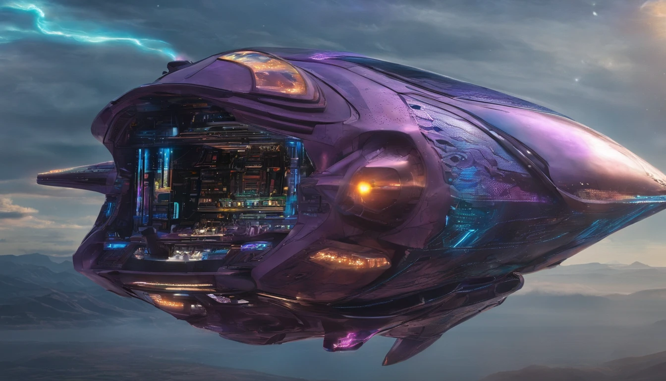An awe-inspiring 3D render of a futuristic starship, seamlessly merging the imaginative realms of Jules Verne, Cosmicpunk, Gerry and Sylvia Anderson, Larry Niven, and Jules Verne. ((!The spaceship's base design 30% of the Babylon 5 station. The starship's bridge is a 75% version of a 1957 Chevy Nomad, and a 1980s Mack Truck cab))).An avant-garde art piece suspended in mid-air, defying gravity with its intricate and ethereal beauty. The multidimensional sculpture, inspired by a chart, is a dazzling blend of metallic and translucent materials, reflecting light in a mesmerizing array of colors and patterns. At its core: stunning 3D sculpted futuristic starship from the 24th century. The ship boasts 4 unique 9 volt battery-shaped glass diamond nacelles - two positioned above the main body and two situated at the rear, interconnected by pulsating blue conduits. The bridge of the vessel resembles a circular, elongated 1974 Winnebago suspended at the front by lemon-colored pylons. The ship's triangular body, which spans 288 feet, is adorned in a captivating palette of dark orange, forest green, and black cherry tones. Envelopes the composition with dynamic elements such as passing meteors and a vibrant nebula-like planet featuring multicolored meteors to create an immersive cosmic spectacle. Constructed metallic steely lavender wires and filament, connecting nodes and data points in a mesmerizing dance of connectivity and complexity.
The metallic gold surface, rich forest green texture, and luxurious plum accent strip create a stunning visual effect. Fiery details adorn the sides, enhancing the starship's otherworldly appearance. The spacecraft flies near an exquisite planet with vibrant rings, a nearby nebula, and a few other ships, creating a breathtaking scene.