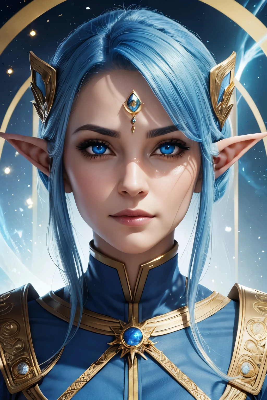 ((High quality)), face detailed, symmetrical face, realistic character, beautiful mature woman, elitric power, magic elitric particles, blue hair, light skin, neutral expression, gold eyes, human-elf, excited pose, royal clothes.