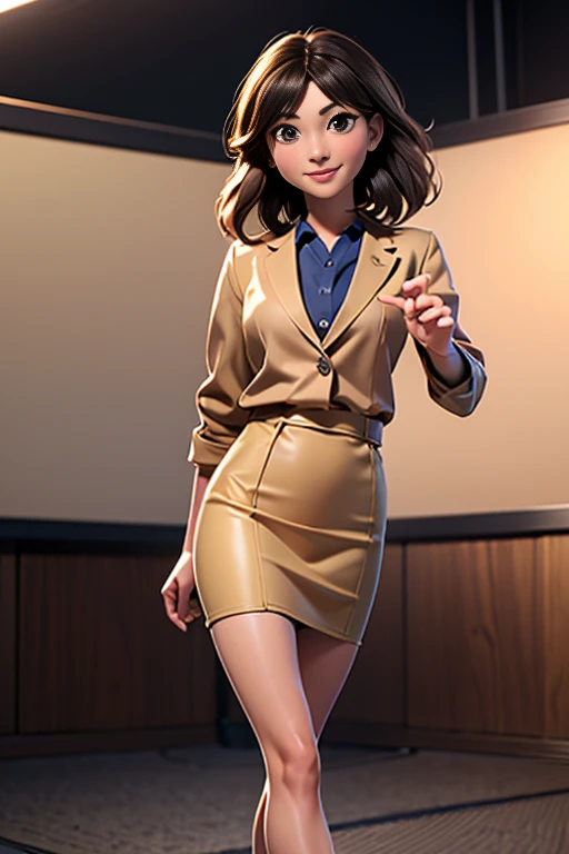 woman、Japanese、35歳のwoman教師、Cowboy Shot、slim、Beauty、Well-formed face、slightly sagging eyes、Beige business suit with knee-length pencil skirt、Walk towards the viewer、Watching the audience。Right hand outstretched、smile、Anatomically correct body