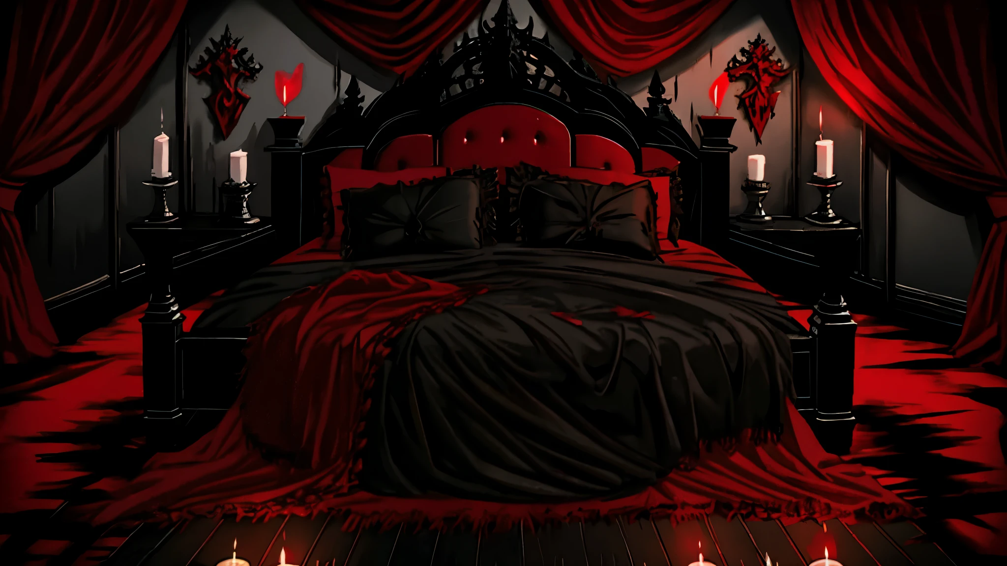 Anime, red and black bed, Gothic vtuber bedroom, Gothic, Dim light, Gargoyles, Dark curtains, waxy candles, Satan painting, decorations, wooden floor, dawn, dark night