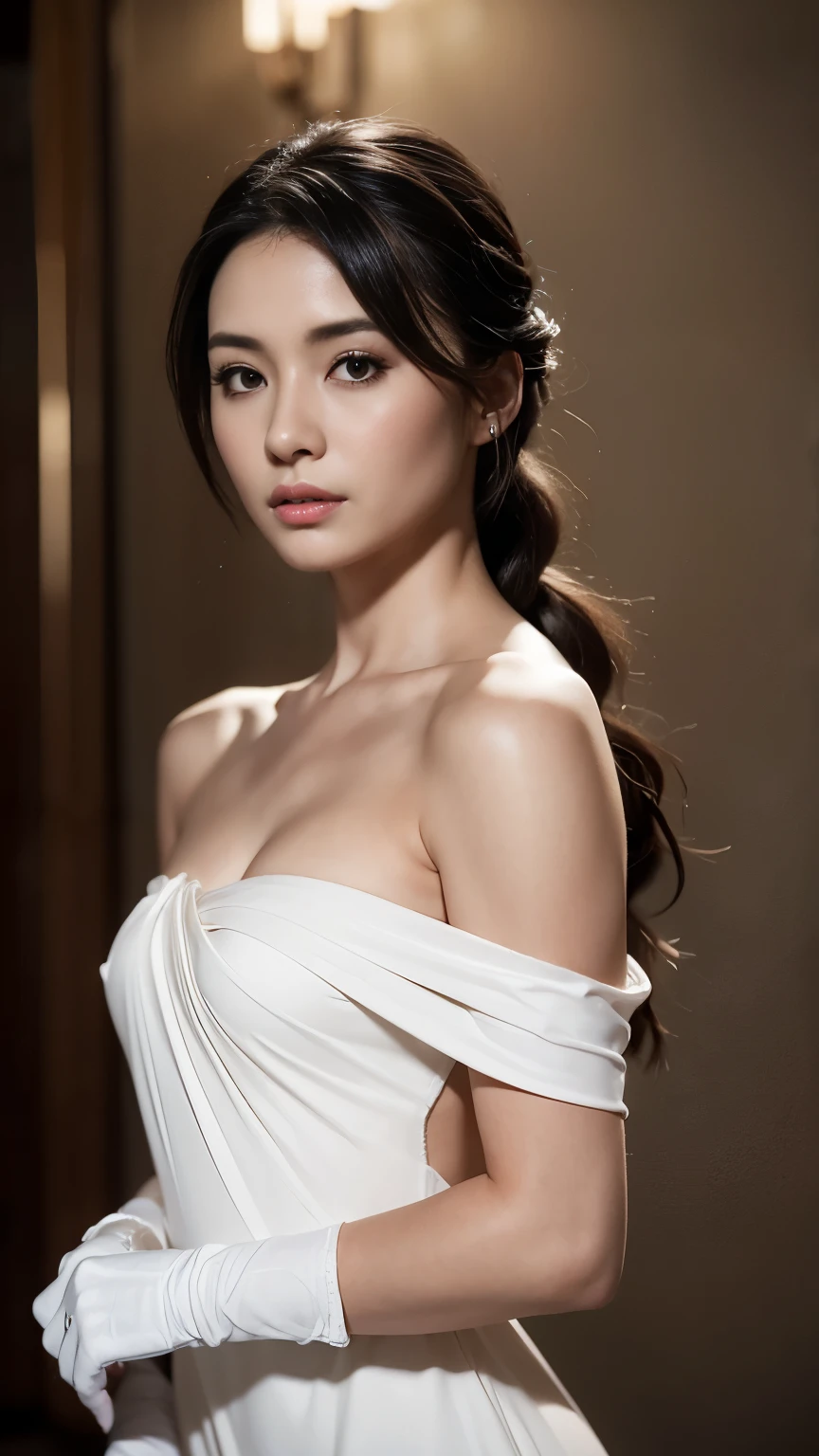 best quality, masterpiece, (photorealistic:1.4), 1girl, cowboy shot, luxury elegant bare shoulder  dress, dramatic lighting, hair over shoulders, white gloves, v arms, luxury hall background, night, japanese face, braid hair, small breasts