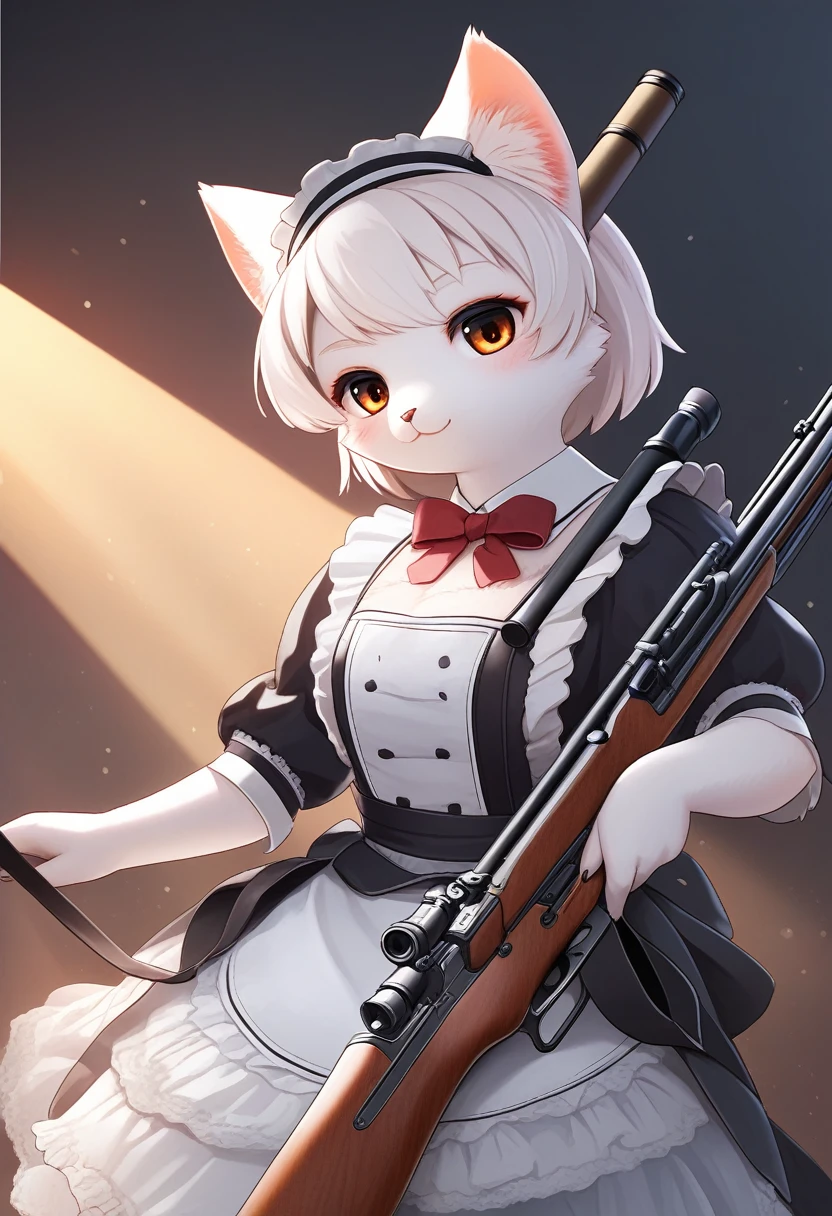 ((Masterpiece)), ((Best quality)), (Highly detailed), (Highly detailed)), 4K, (8K), Very beautiful, Absurd, High resolution, 1 woman, furry, (Kemono, anthropomorphic cat:1.3), model published in a retro military magazine, a sniper elegantly dressed in a vintage French maid dress, holding a rifle in both hands and smiling elegantly, photographed in a studio, monochrome light and shadow create a dramatic atmosphere, beautiful colors, amazing quality,
