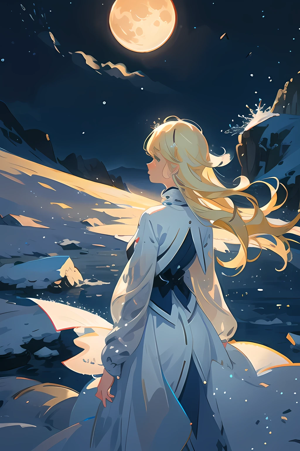(1 blonde girl), view from the back, looks into the distance, sadness, night sky background, moon and stars, Winter & Snow, snowstorm, snowfall, ice, masterpiece , fantasy character
