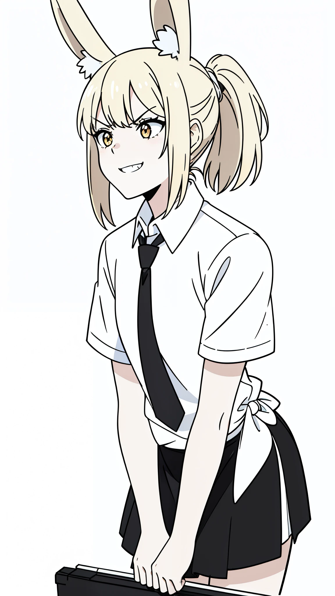 1girl,20 years old,solo,((white background,line drawing)),small hair,blonde hair,ponytail,((white shirt,short sleeves,black standart tie,black skirt)),sharp teeth,smile,animal rabbit ears,angry,laugh,upper body