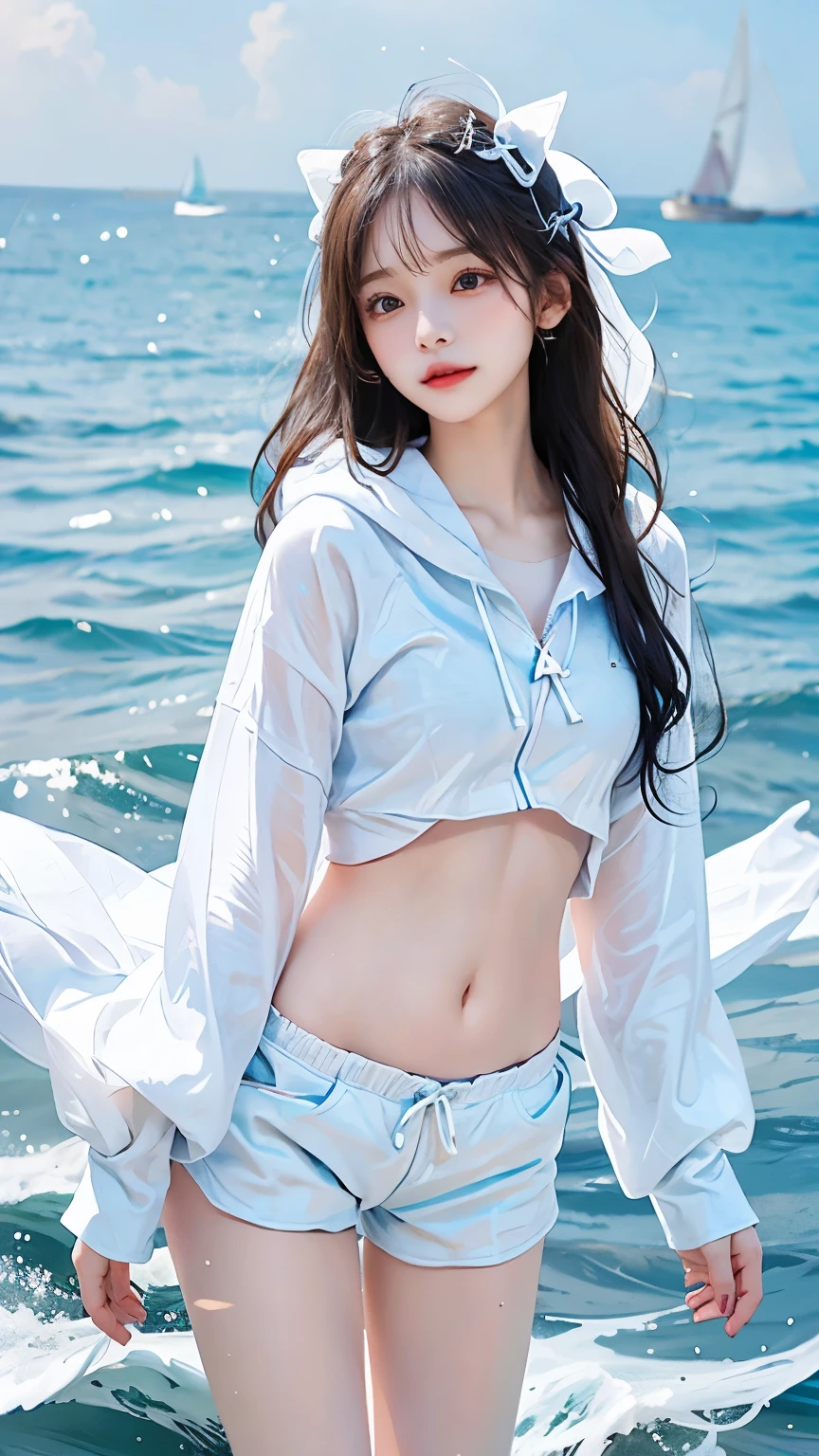 In the clear blue sea、Wearing a white hoodie fluttering in the wind、A woman wearing shorts、standing on the waves。Her hair is long、Shine white、Swaying in the waves。belly button。