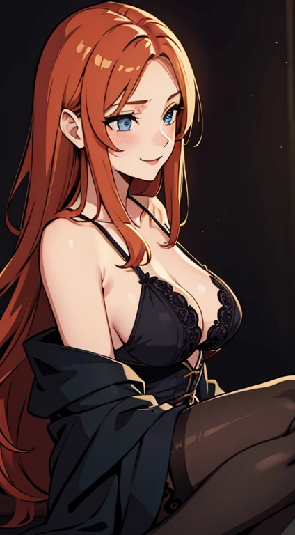 elysia, long ginger hair, beautiful face,smiling,close up upper body, moderate breast, wearing beautiful black sleepwear, (open mouth:0.4),illustration,detailed textures(realists),ultra-detailed,portrait style,vivid colors,soft lighting, blushing, mature, no bras, full body, sexy, lingerie, tights, heels