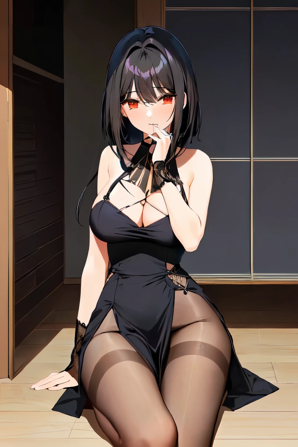 garota com cabelo comprido, cabelo preto e mechas roxa, cabelo cumprido, black hair ((cabelo preto)), garota com vestido preto de rendinha, sensual pantyhose, roupas normais modernas, roupas comuns, hide your hands atras das costas, hide your hands