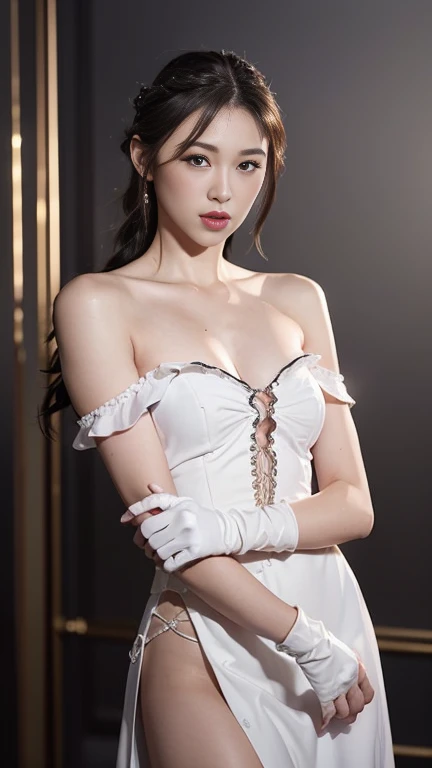 best quality, masterpiece, (photorealistic:1.4), 1girl, cowboy shot, luxury elegant bare shoulder dress, dramatic lighting, hair over shoulders, white gloves, v arms, luxury hall background, night, japanese face, braid hair, small breasts