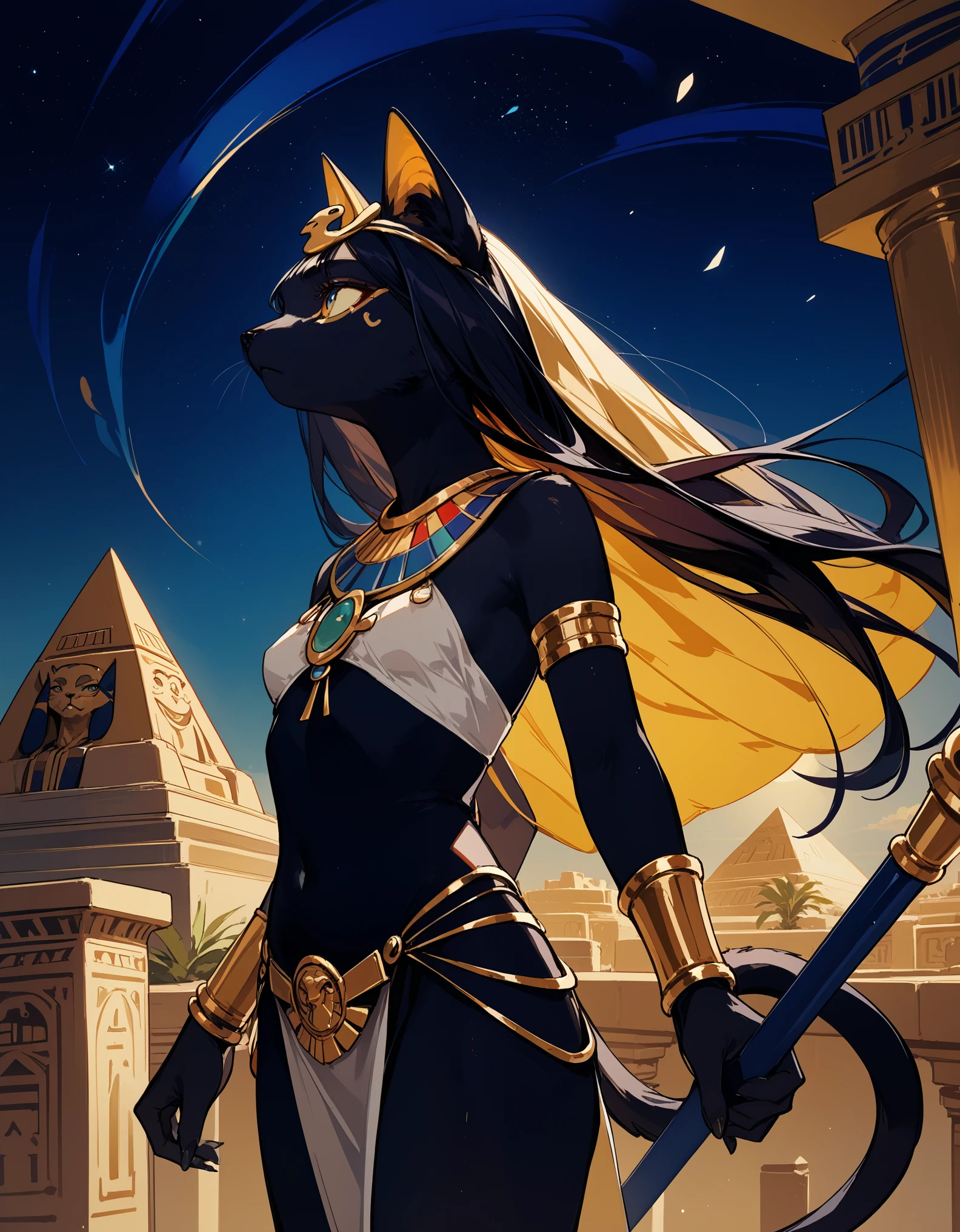 (score_9,score_8_up,score_7_up),hadrian,source_furry,source_anime,hadrian,side view,small breasts,expressionless,looking ahead,with Pyramid of Khufu view,in Egypt,furry cat,egyptian clothes,egyptian mythology,truncheon,staff,black starry sky,dramatic lighting,cinematic lighting,cowboy shot