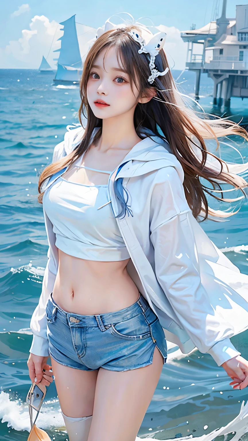 In the clear blue sea、Wearing a white hoodie fluttering in the wind、A woman wearing shorts、standing on the waves。Her hair is long、Shine white、Swaying in the waves。belly button。