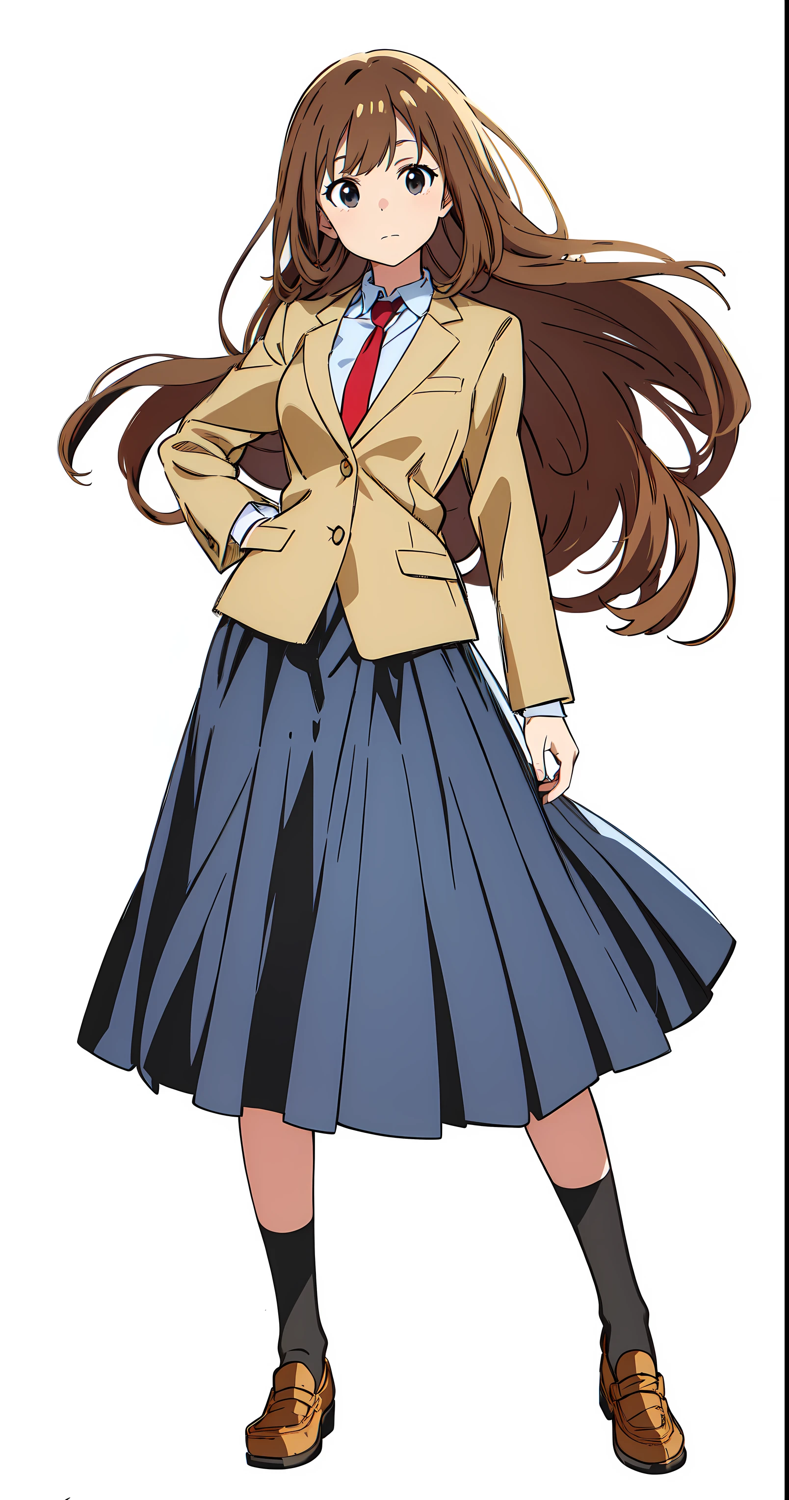 (white background:1.0), (best quality:1.0), (masterpiece:1.0), (super fine illustration:1.0), (beautiful artwork:1.0), (anime screencap:1.0), (official art:1.0), (full body:1.0), (solo:1.0), (HSGα:1.0), (a 18yo cute girl:1.0), (long skirt:1.2), (dark blue skirt:1.0), (pleated skirt:1.0), (school uniform beige blazer:1.0), (red necktie:1.0), (loafers:1.0), (black socks:1.0), (ideal ratio body proportions:1.2), (lanky:1.2), (tall:1.2), (slender:1.2), (small breasts:1.2), (smaller face:1.2), (tareme:1.0), (detailed beautiful eyes:1.0), (detailed beautiful face:1.0), (glowing black eyes:1.0), (long hair:1.0), (brown hair:1.0), (standing:1.0), (looking at viewer:1.0)