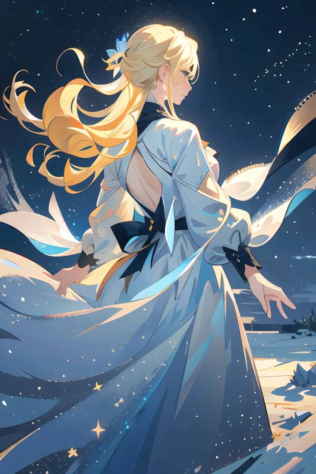 (1 blonde girl), view from the back, looks into the distance, sadness, background night sky and stars, Winter & Snow, snowstorm, snowfall, snow is flying, ice, masterpiece , fantasy character, Best quality,