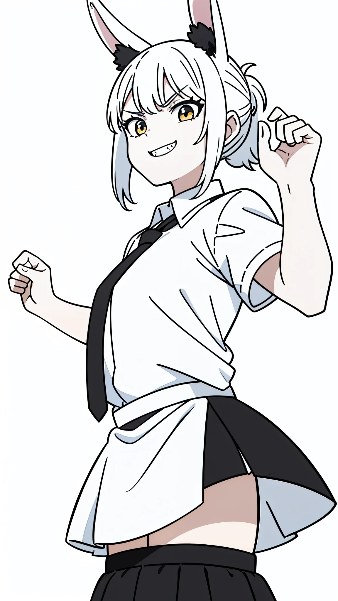 1girl,12 years old,solo,((white background,line drawing)),small hair,white hair,ponytail,((white shirt,short sleeves,black standart tie,black skirt)),sharp teeth,smile,animal rabbit ears,angry,laugh,upper body