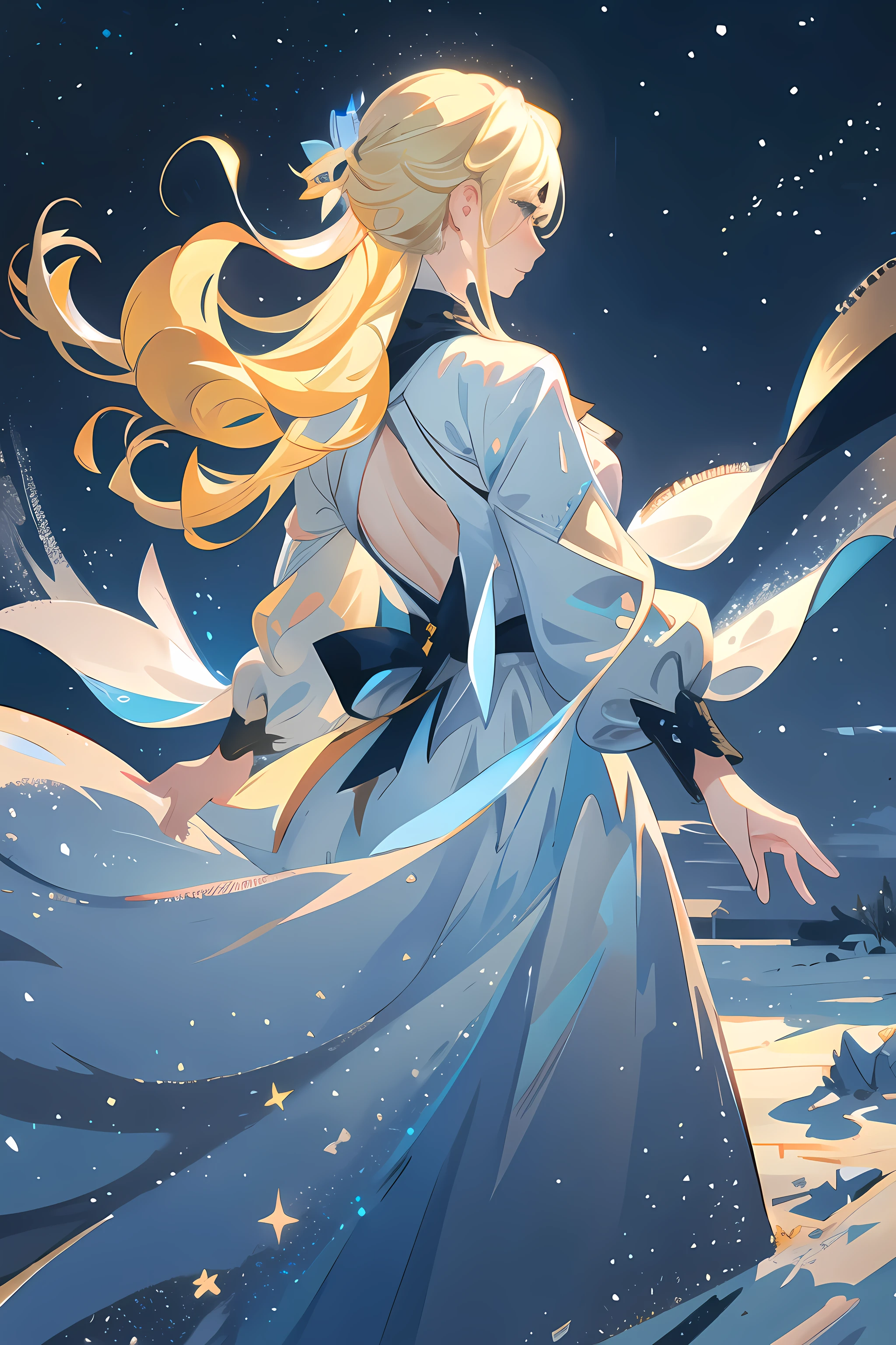 (1 blonde girl), view from the back, looks into the distance, sadness, background night sky and stars, Winter & Snow, snowstorm, snowfall, snow is flying, ice, masterpiece , fantasy character, Best quality,