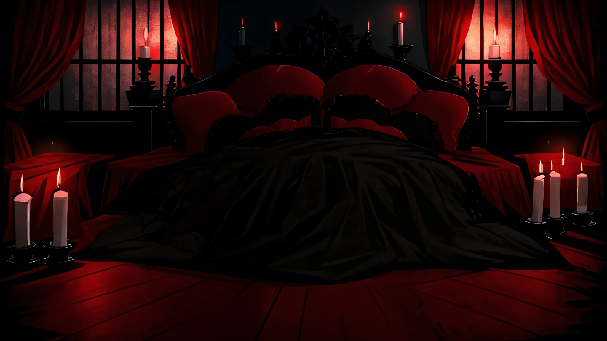 Anime, red and black coffin, vtuber bedroom, Gothic, Dim light, Gargoyles, Dark curtains, waxy candles, decorations, wooden floor, dawn, dark night